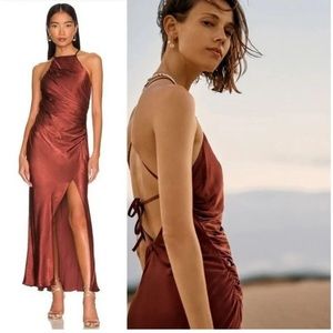 Shona Joy Thalia Gathered Square Neck Bias Midi Dress in Sangria Size 10